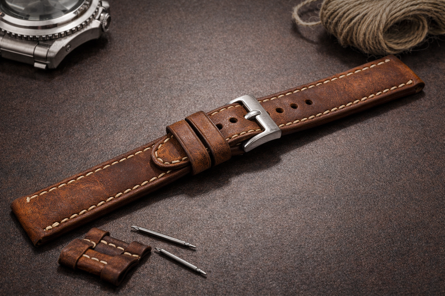 Vintage brown leather watch strap